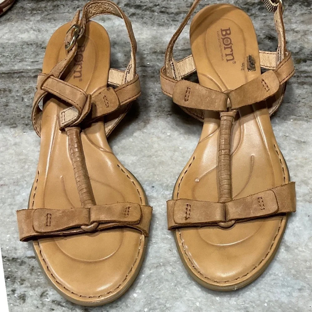 Born Sandals Womens 8 Leather T-Strap Wedge Tan Boho Summer CQL16